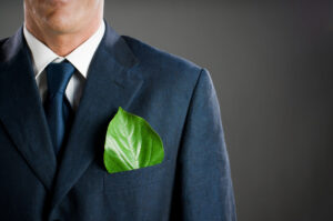 Stylish businessman with a fresh green leaf in his pocket. Green business concept, take care of the environment!